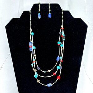 Vintage Multicolor Beaded 925 Sterling Silver Necklace and Earrings  Make Offer!